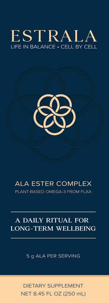 ESTRALA carton, front: ALA Ester Complex, plant-based omega-3 from flax, 5 g ALA per serving.
